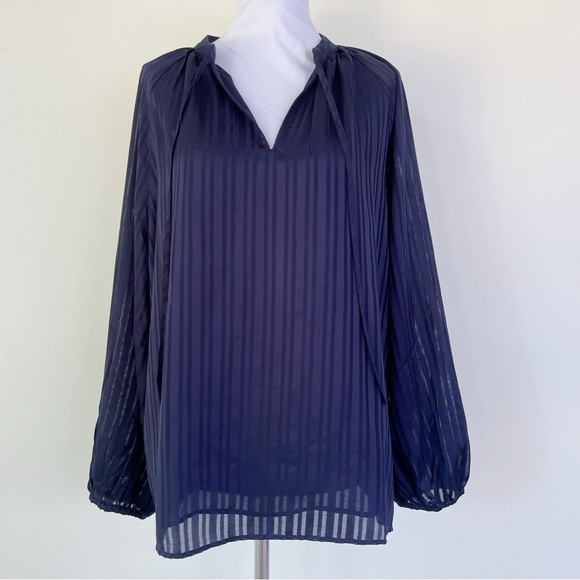 Ann Taylor Tie Neck Tunic Top Deep Navy Blue Longsleeve L Large - Picture 3 of 9